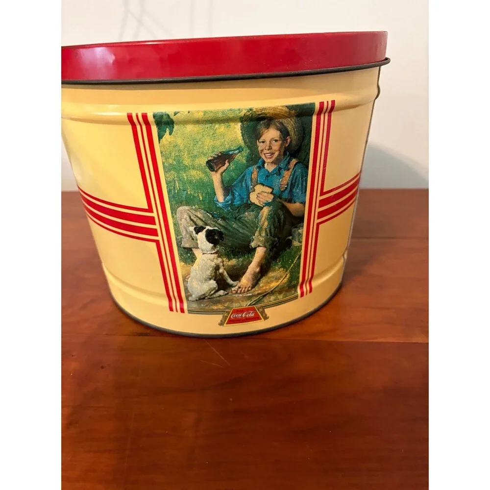 Vintage Coca-Cola Norman Rockwell Metal Cookie Tin Canister w/ Lid 10” x 7”